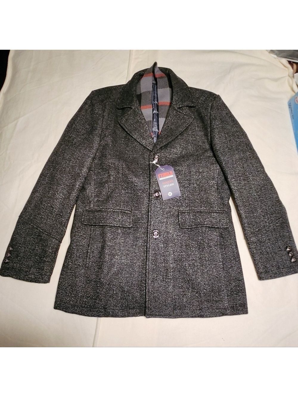 Amazon Wool Blend Plaid Scarf Trench Coat Grey Medium - Picture 5 of 10